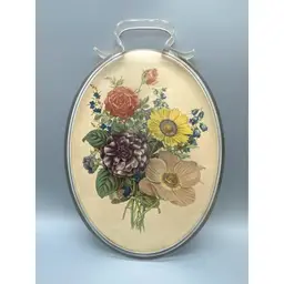 Vintage Oval Lucite Framed Floral Bouquet Print Transparent Handles Mid Century