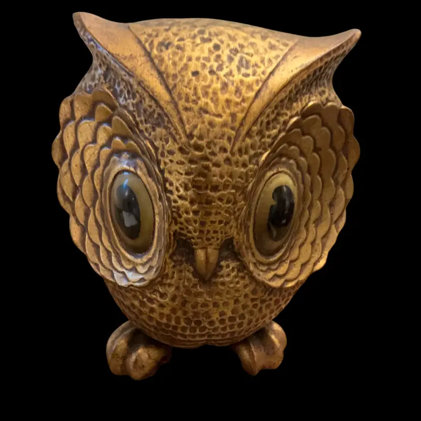 MCM Vintage Freeman McFarland Pottery Gold Leaf Owl Figurine 7” x 7”- READ