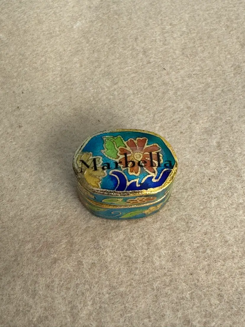 Vintage Mini cloisonné trinket box with floral design, Souvenir From Marbella Spain