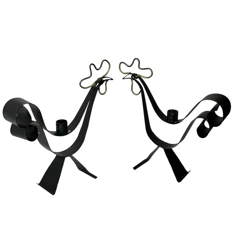 Vtg 60s Gunnar Ander Brutalist Sweden Set Of 2 Chickens, Guinea, Cocks, Roosters Taper Candle Holders