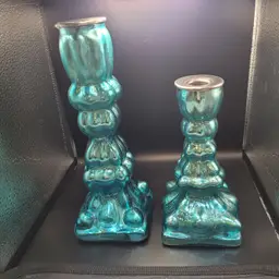 Pair of Blue Mercury Glass Candlesticks 7 inches and 10 inches
