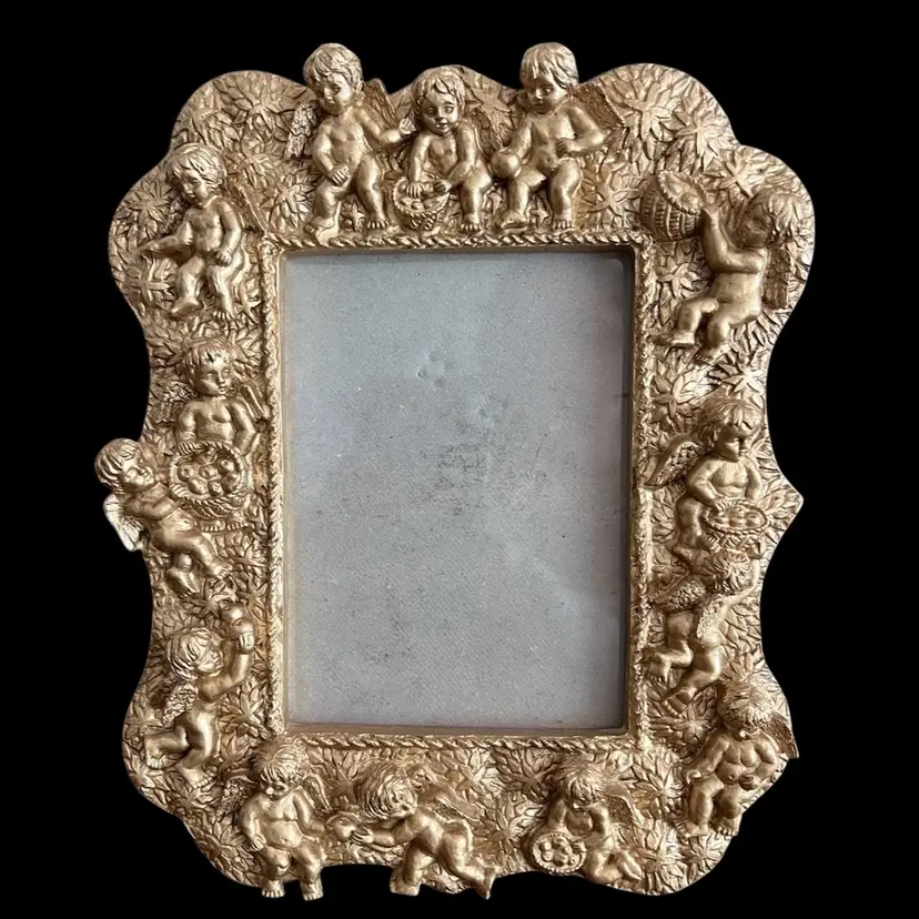 New! Golden Picture Frame With Cherubs 5” X 3.5”