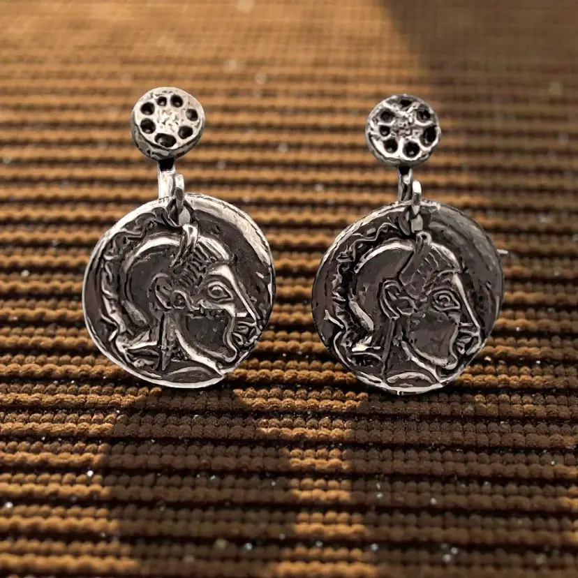 Replica of an Ancient Athenian Coin Greek Goddess Athena Silver Clip on Earrings