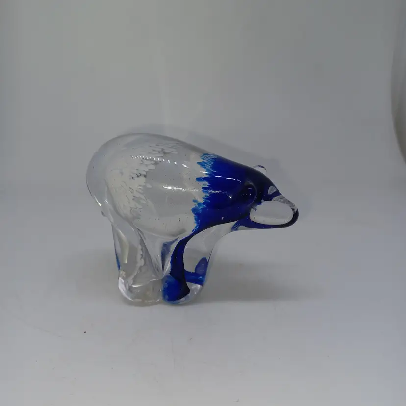 Vintage Hand Blown Glass Crystal clear blue White Polar Bear Paper Weight Decor