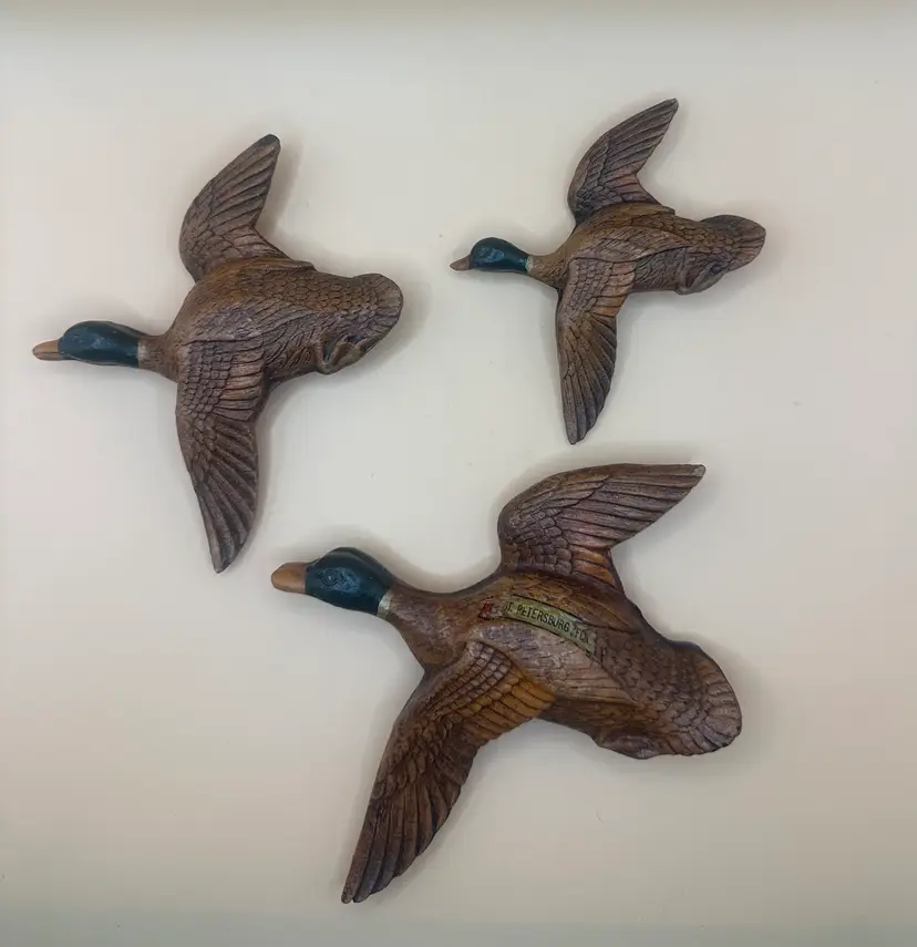 Vintage Composite Carved Ducks Wall Hangers Set Of 3