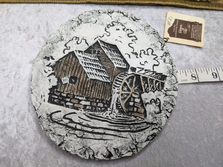 Shapes Of Clay By STAN 7" Mt Saint Helens Ash Old Mill Waterwheel Hanging plaque Signed #18 with Tags Gift White Gray Cabin Christmas