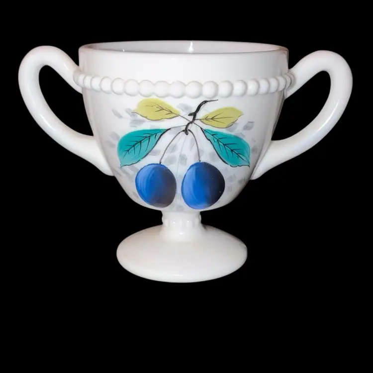 Westmoreland Milk Glass Beaded Edge Handpainted creamer and  sugar set