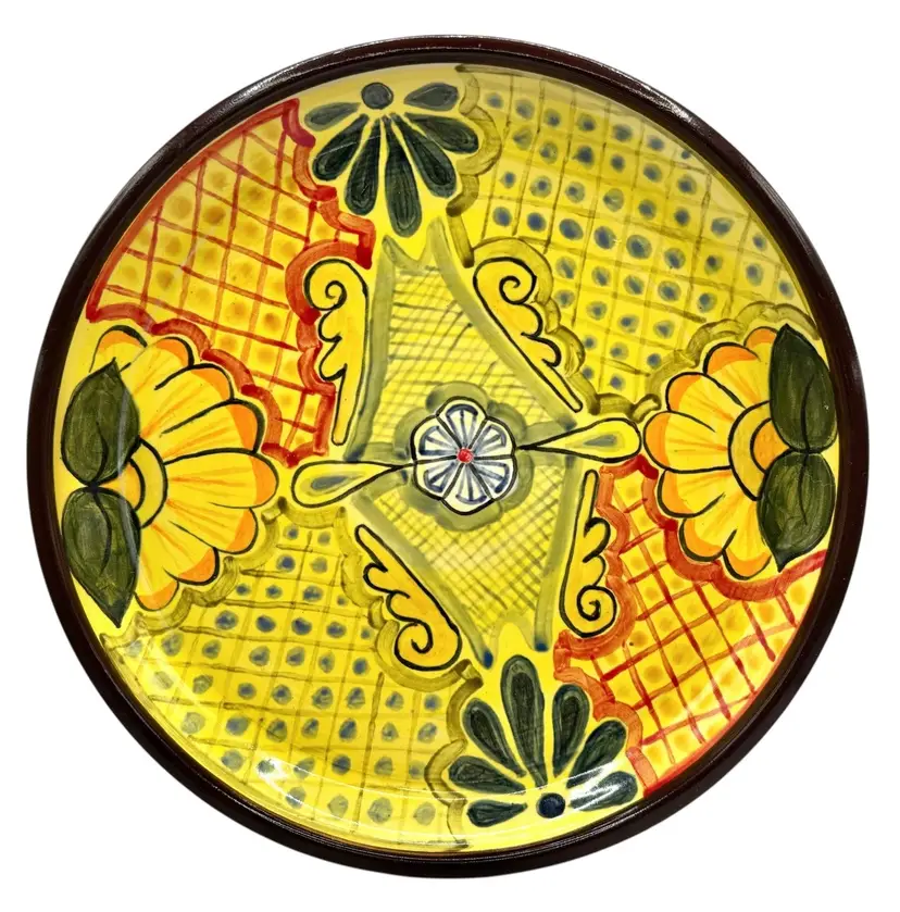 Signed Studio Art Pottery Plate Round Talavera Style Yellow Green Red Orange 10”