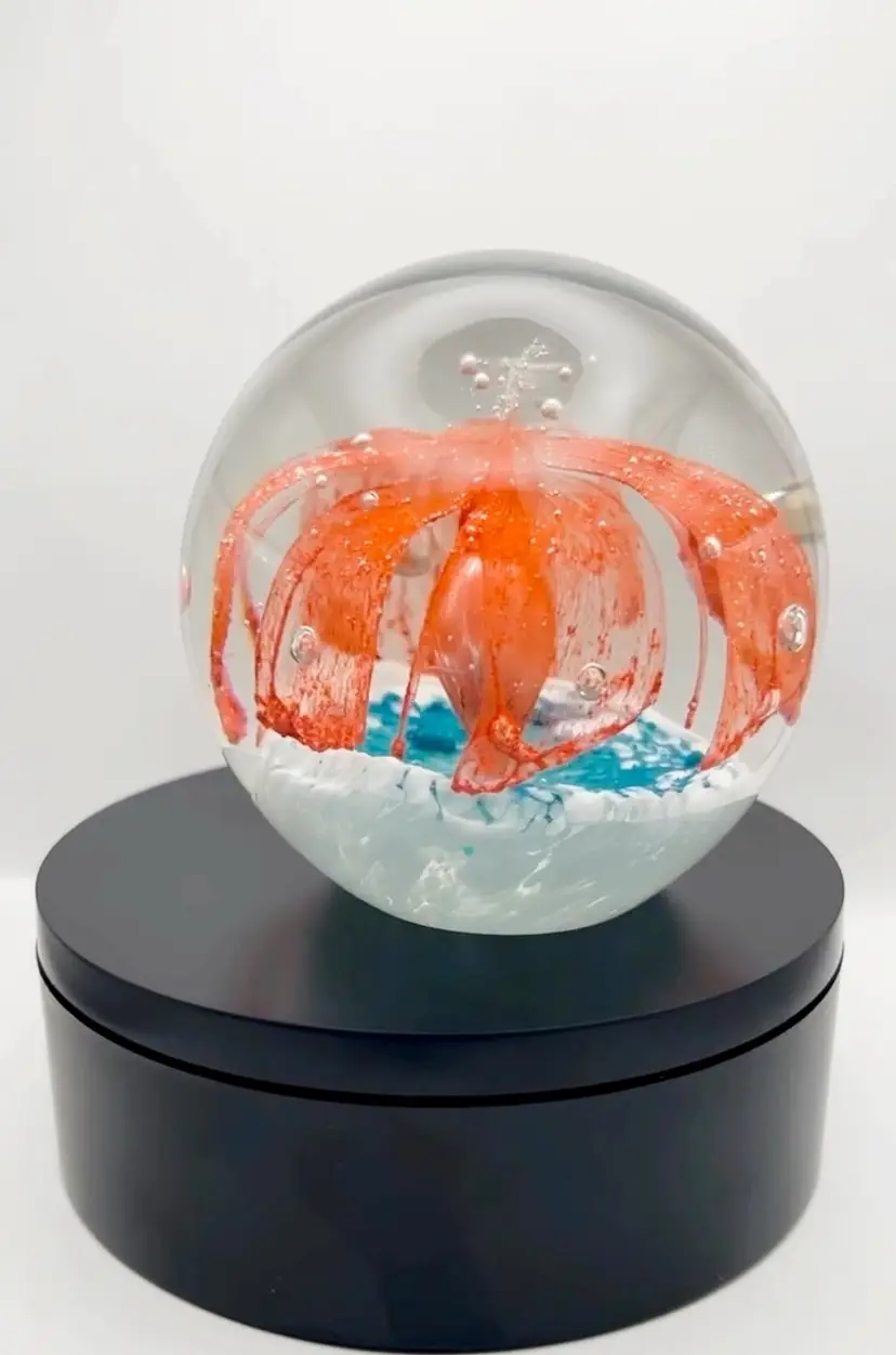 Orange & Teal Chinese Glass Paperweight 3.5”x 3.5” *READ*