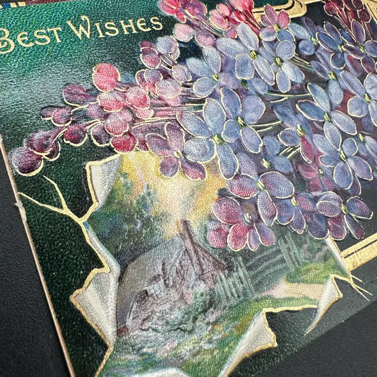 “Best Wishes” Gilded Violets Cozy House Vignette Art Nouveau Antique Postcard, Unused
