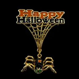 Danecraft Happy Halloween Spider Web Brooch Gold Tone Metal 2"