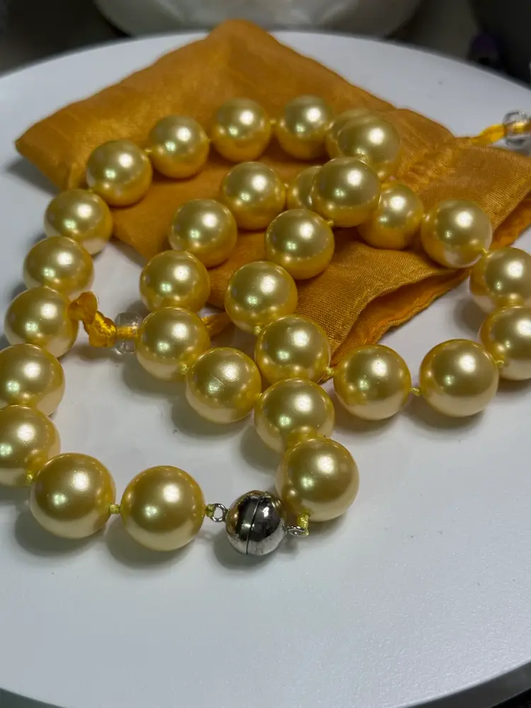 Gold Champagne Faux Pearl Necklace – Large Bead Strand with Silver Magnetic Clasp