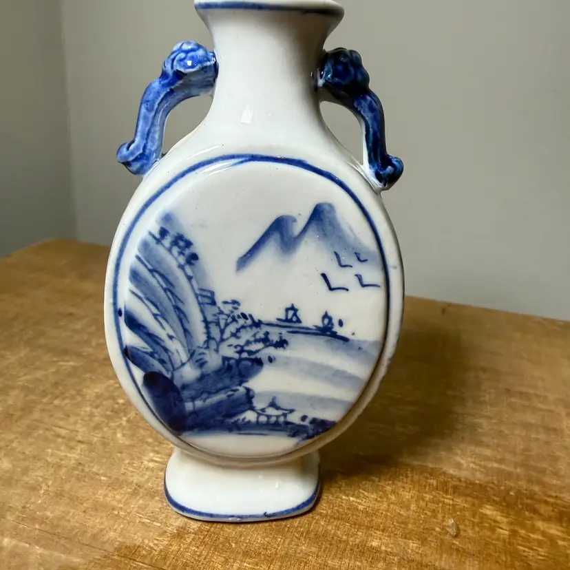 Blue + White Porcelain Moon Flask Vase with Landscape Motif
