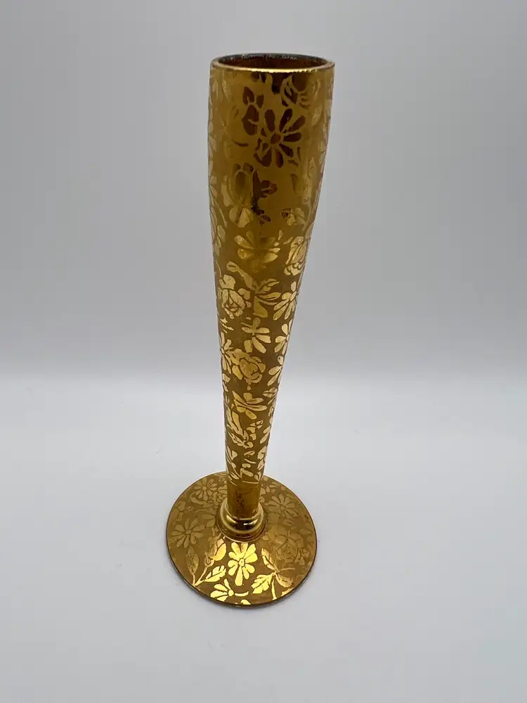 Vintage 1940’s Bud Vase Ransgil Crystal 22 K Gold Floral Overlay 6”