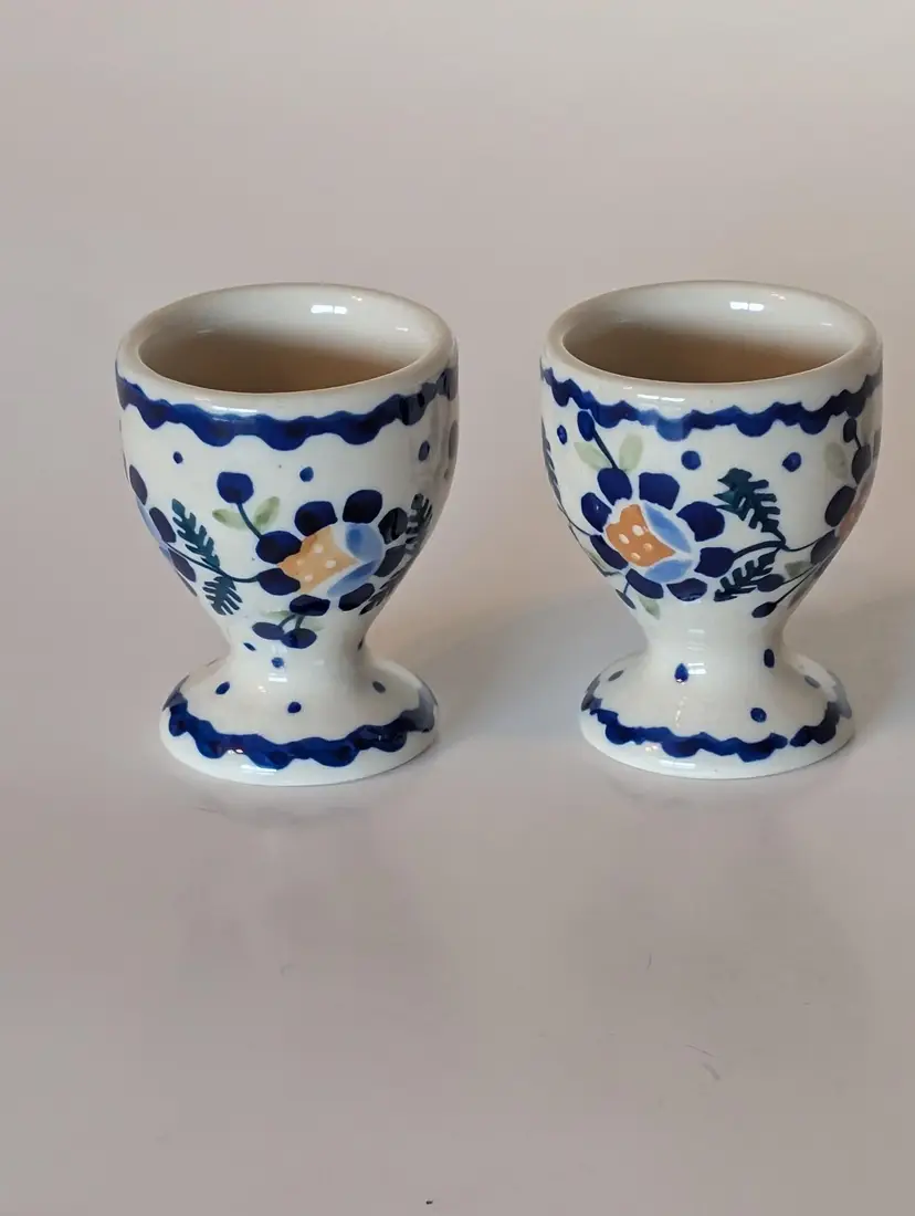Polish Pottery 2.5 Inch Egg Cups, Sunflower Design, Made By Manufaktura Set Of 2