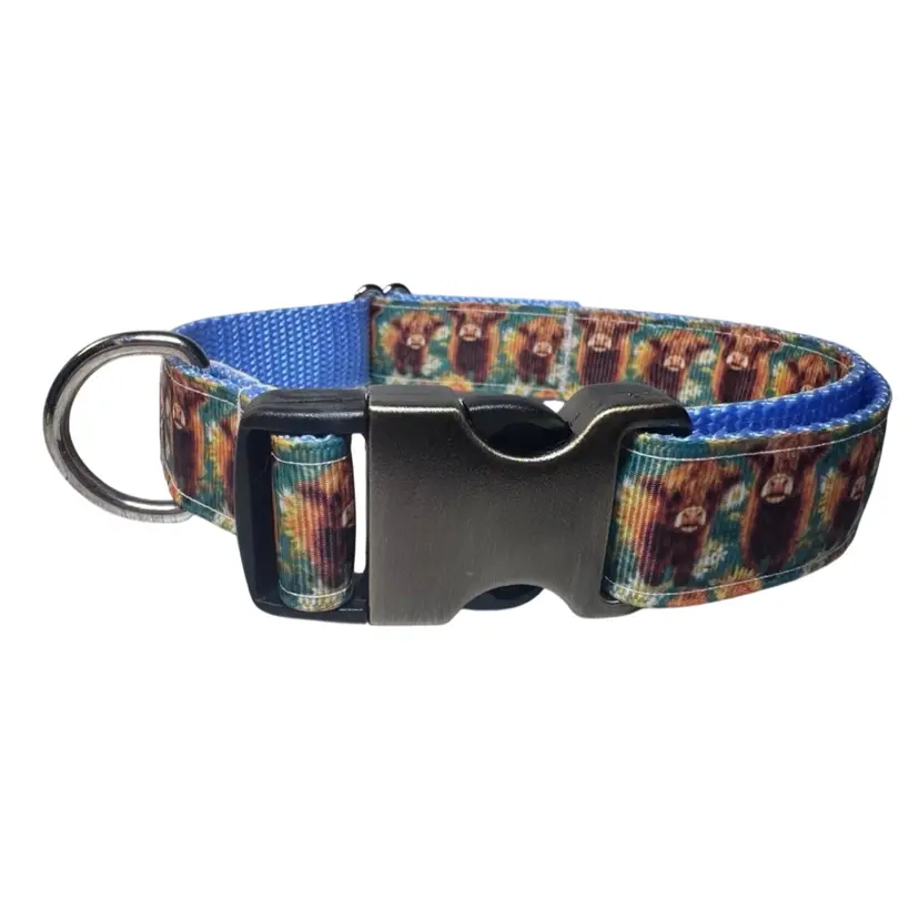 Dog Collar Highland Cow Blue Large Handmade Heavy Duty W/Buckle NEW