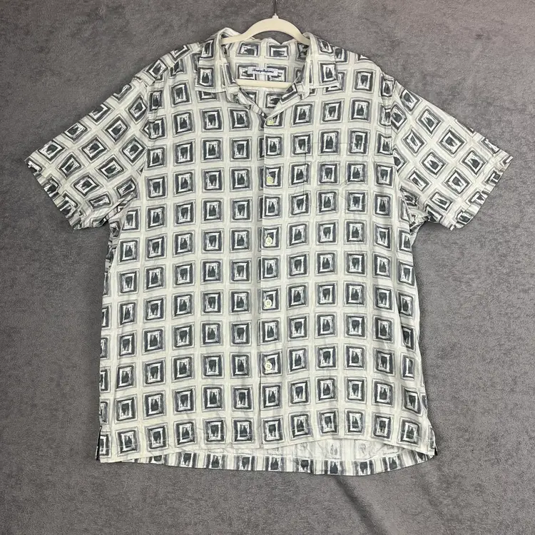 Tommy Bahama Shirt Men’s XL Camp Gray 100% Silk Geometric Print Button Front