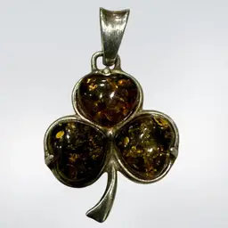 Vintage Sterling Silver Amber 3 Leaf Clover Pendant, 1.25”, 2.7g