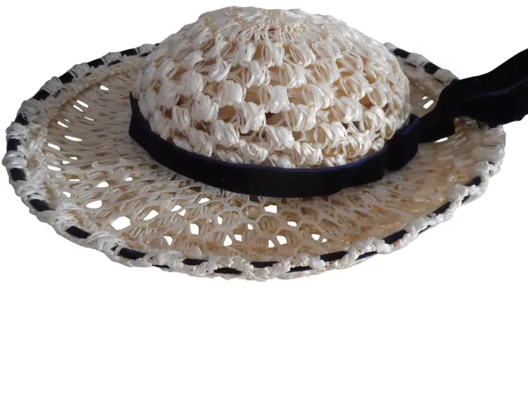 Vintage Estate cream woven raffia straw wide brim hat navy velvet ribbon trim