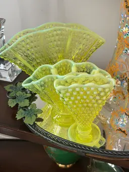 026. Htf Fenton, Vaseline Glass Hob Nail Fan Vases