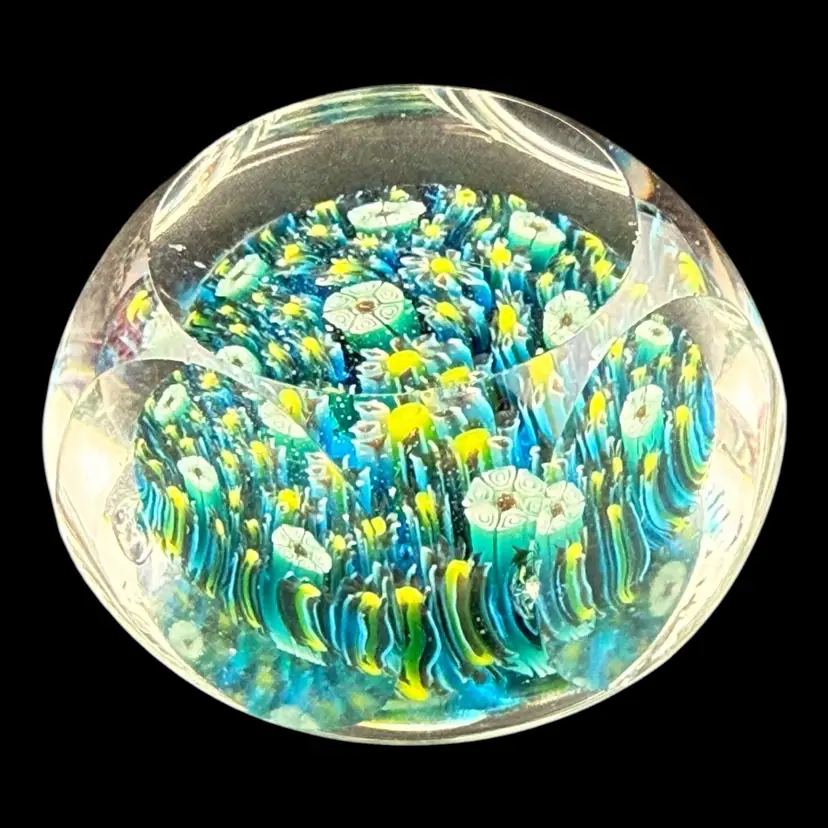 Murano Millefiori Viewing Window Glass Paperweight 2”