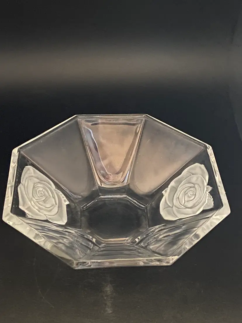 Vintage Mikasa Crystal Octagonal Clear Bowl w/ Frosted Rose Flowers