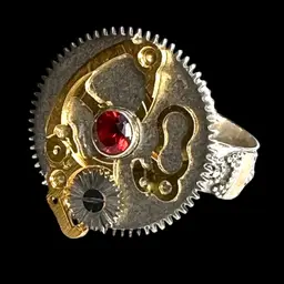 Reinvented Ring Size 9. Marked .925 Silver Band with Garnet Gem. Recycled 10K Gold Pocket Watch & Clock Parts. Acid Tested .925 Sterling Silver and 10K Gold.