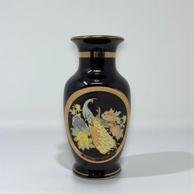 Black Chokin Vase 6 Inch – Vintage Peacock Gold Silver Copper Japan (0047-26)
