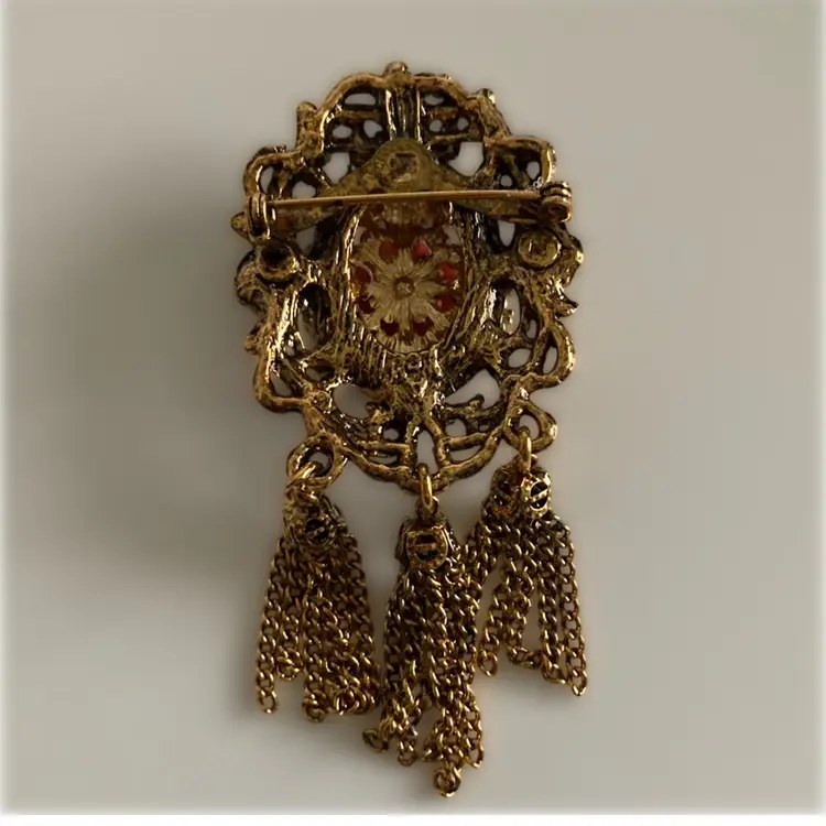 Gold Tassel Red Floral and Amber Rhinestone Brooch Pin