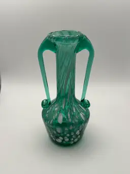 Vintage Hand Blown Teal,Aqua & White Spatter Swirl Glass Amphora Bud Vase 6"