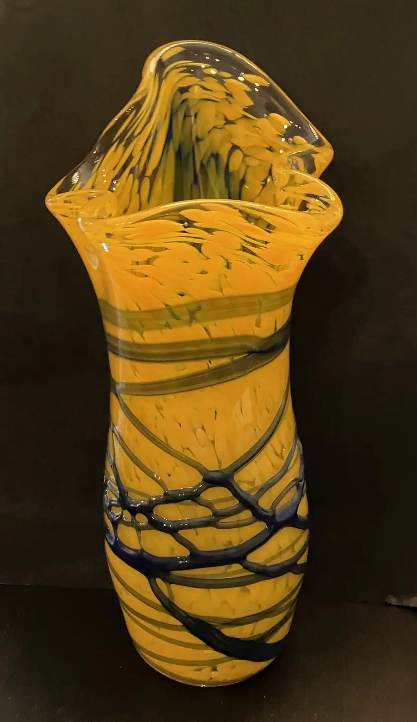 Art Glass Hand Blown Ruffled Yellow Blue Vase