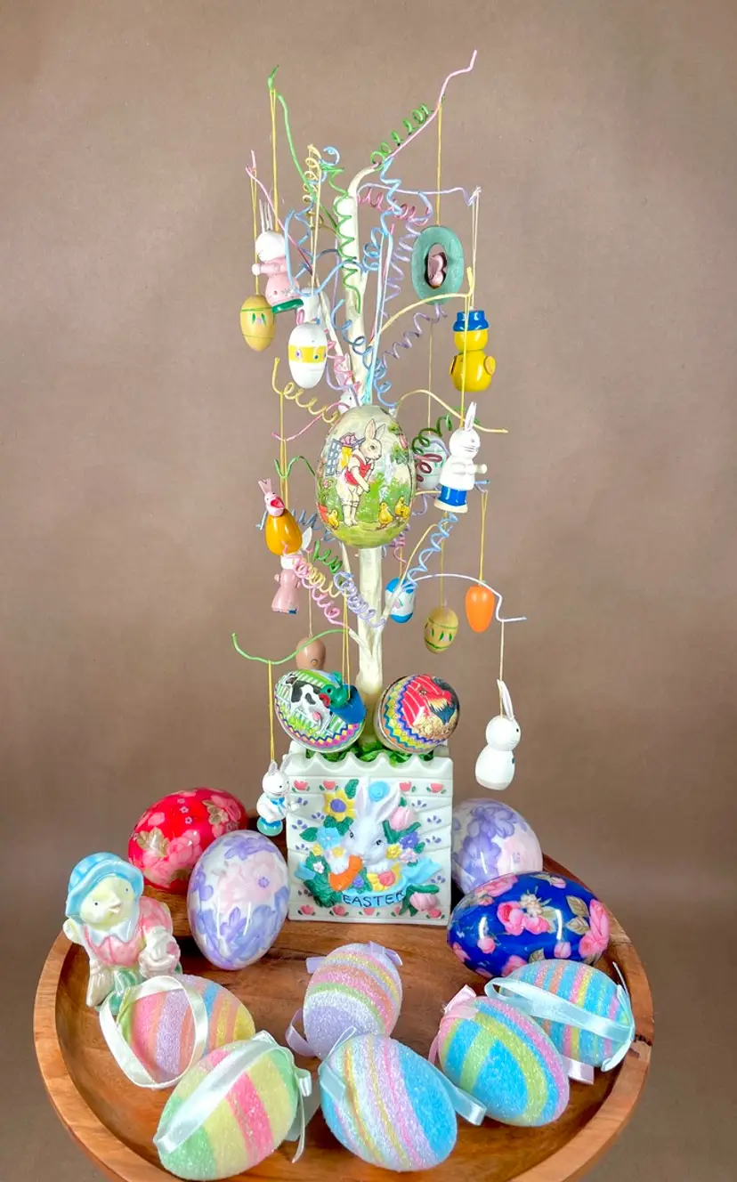 EASTER Bonanza - Tree with Miniature EASTER Ornaments, Plus Ceramic Rabbit, Wooden Ballon-like Ornaments, EASTER Eggs