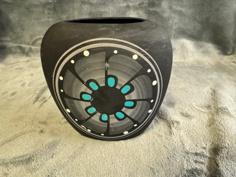 Vintage Native American Art Pottery Vase Black Sandstone Geometric Teal Signed