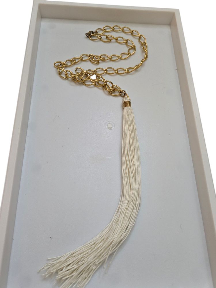 Vintage Signed Bee Charming NOS White Silk Cord Huge Tassel Link Chain Necklace
