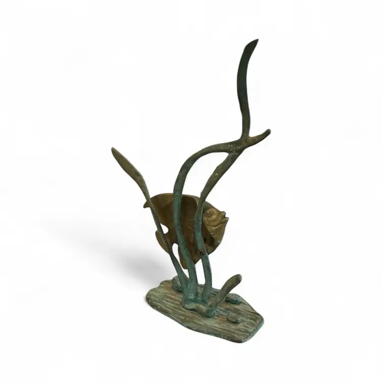 Vintage Brass Fish On Metal Patina Stand
