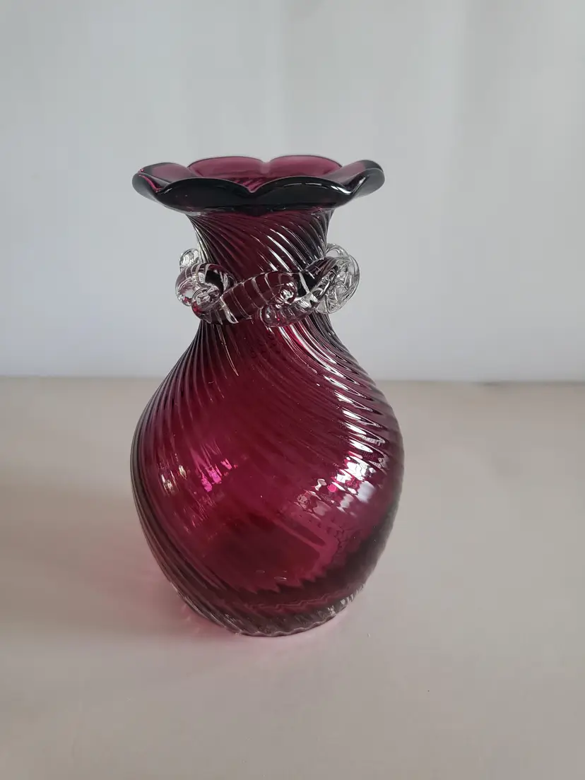 Pilgrim Cranberry Glass Bud vase in swirl pattern with applied swirl clear glass neck ruffle