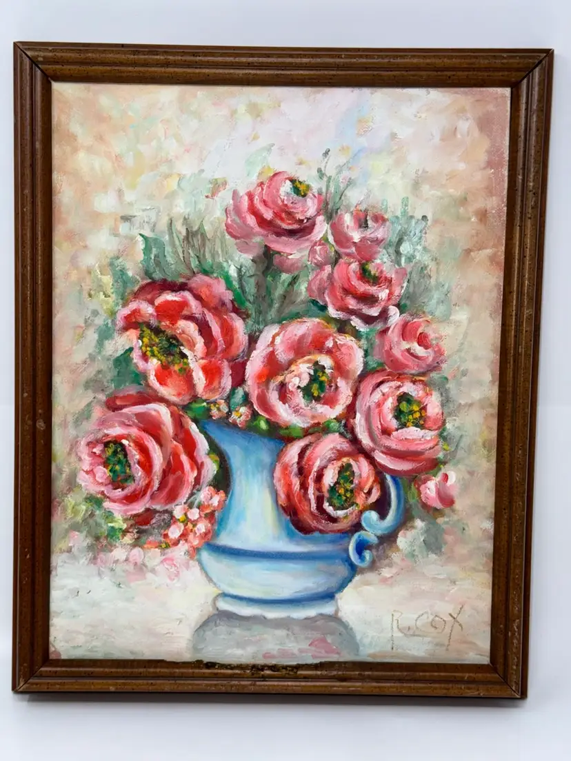ROBERT COX (1934-2001) PINK RED FLORAL In PITCHER STILL LIFE OIL PAINTING CANVAS 11 X 14”
