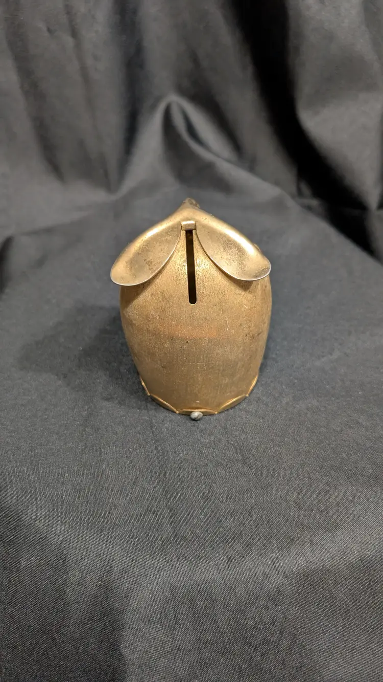 1950s-70s Brass Owl Coin Bank with Green Eyes