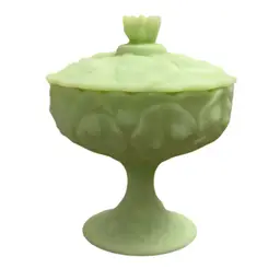 Fenton Lime Green Satin Water Lily Covered Compote  7 1/4” X 5 1/2”- GLOWS READ