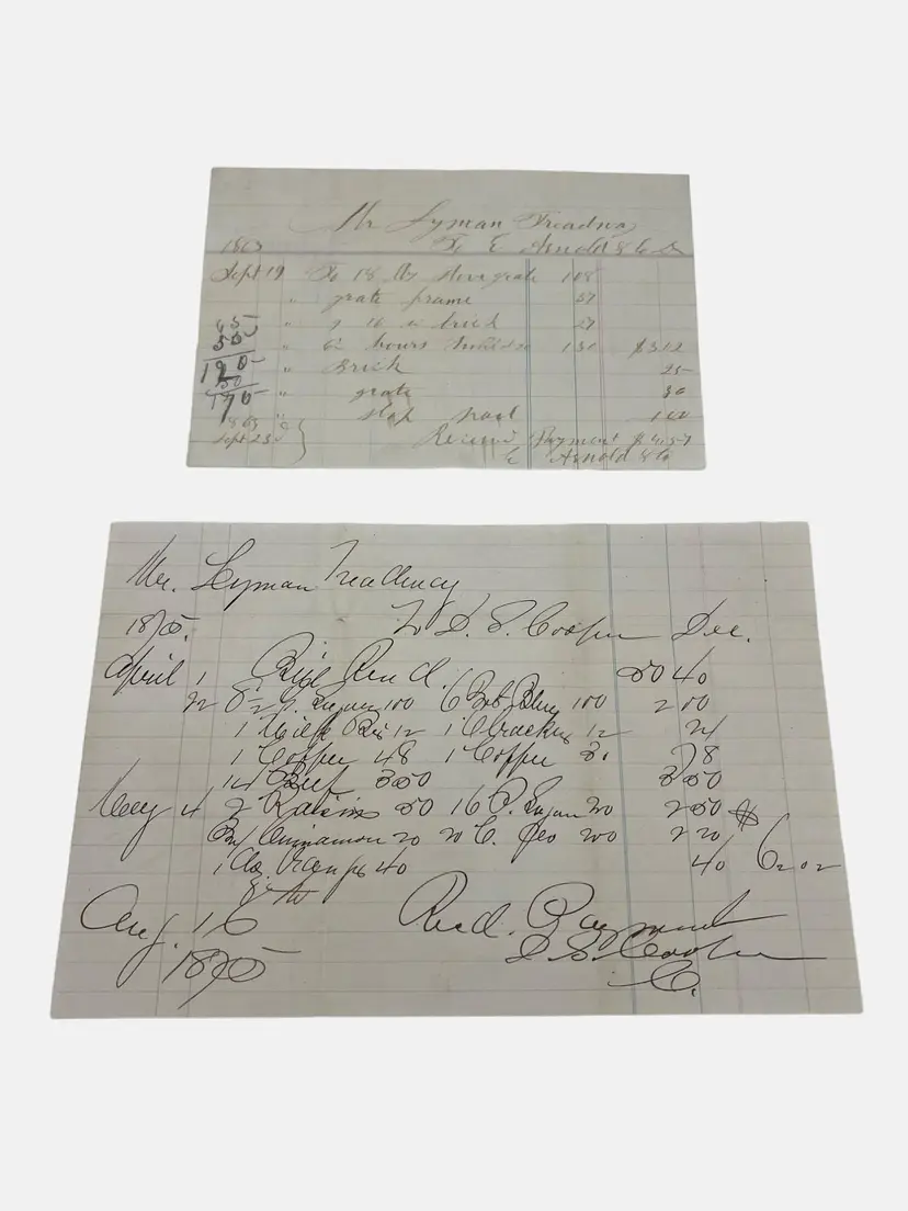 Antique Handwritten Receipts For Lyman Treadway 1863 & 1870 Connecticut
