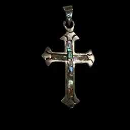 Vintage 925 Sterling  Handcrafted Mexican Cross With Abalone Inlay . Fleur De Lid Style Motif. Beautiful Cross!!