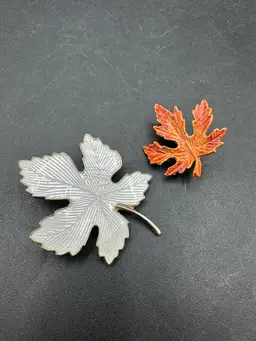 Fall Leaves, Set Of 2 Enameled Leaf Shaped Brooches, Unsigned