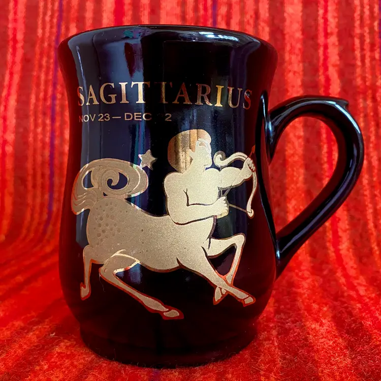 Vintage Sagittarius Zodiac Mug Black and Gold Ceramic Excellent 4.5"