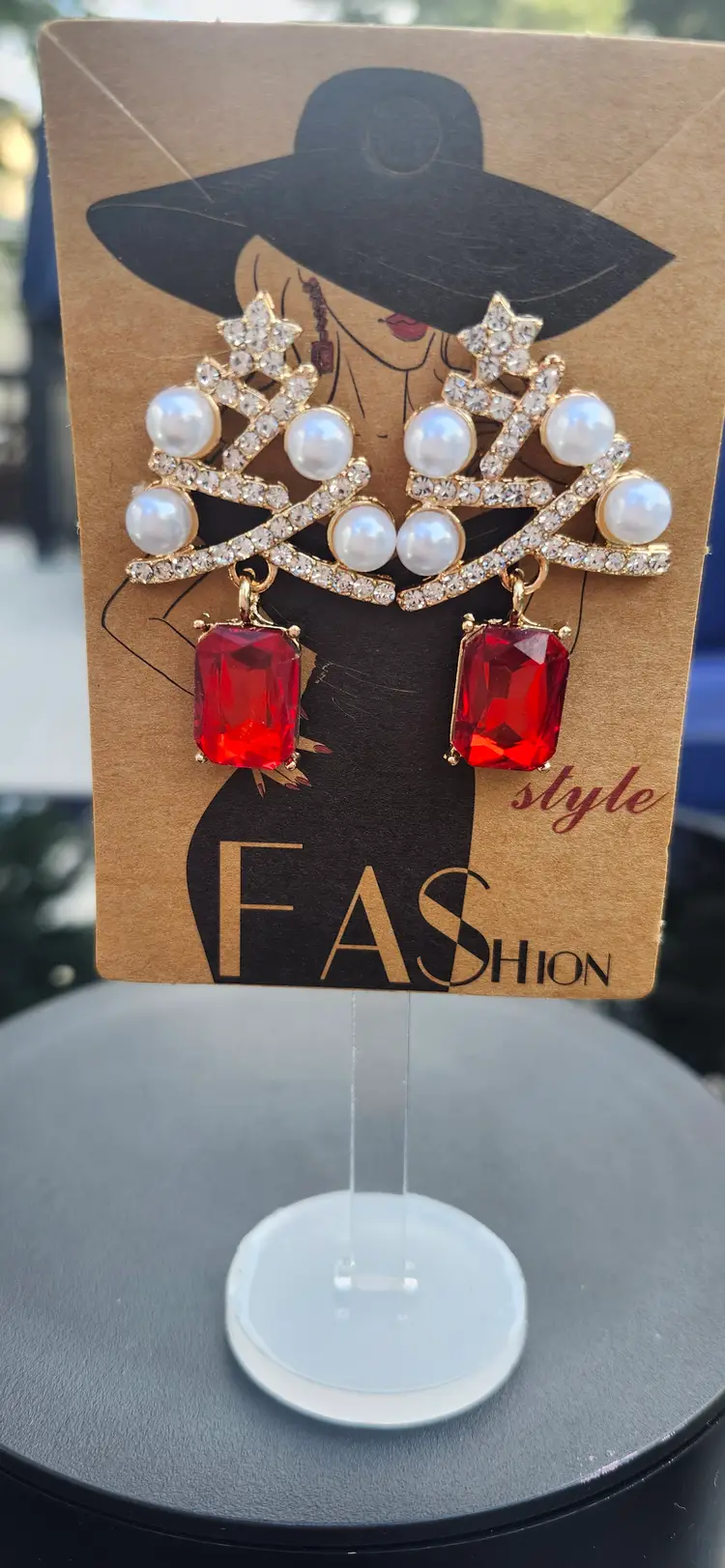 Festive Evergreen Earrings with Dazzling Red Gems