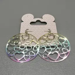 Disney Parks Hidden Mickey Heart Cutout Dangle Earrings Iridescent Pastel 1.5" Round