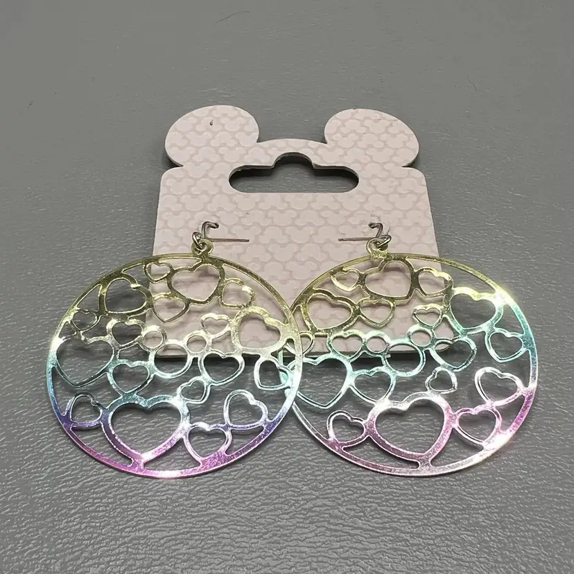 Disney Parks Hidden Mickey Heart Cutout Dangle Earrings Iridescent Pastel 1.5" Round
