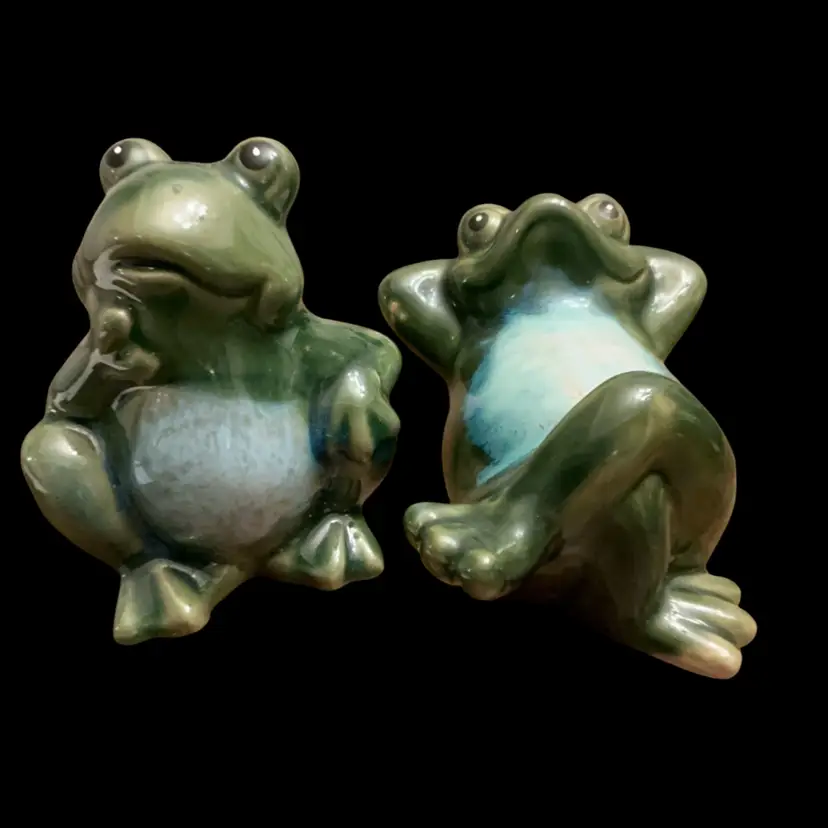 Set Of Two Ceramic Green And Blue Glazed Frogs