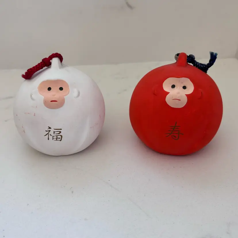 Japanese Decor: Ceramic Round Orange And White Monkeys