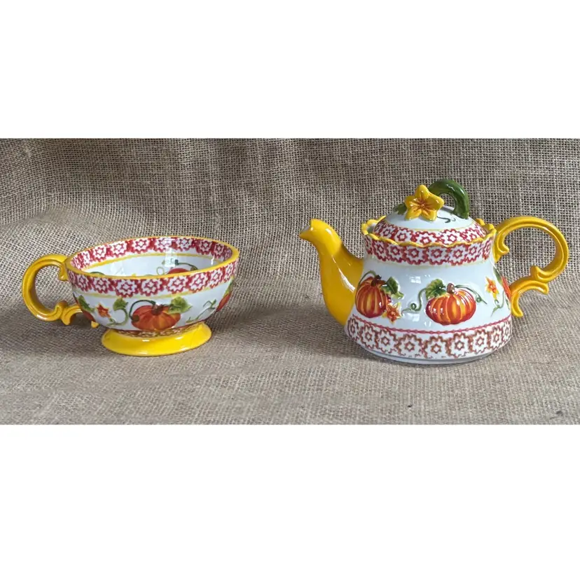 Temptations Old World Pumpkin Patch Teapot And Mug Set Fall Halloween READ