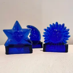 Celestial Moon Star And Sun Candle Holder Set Cobalt Blue Glass Votive Tea-light